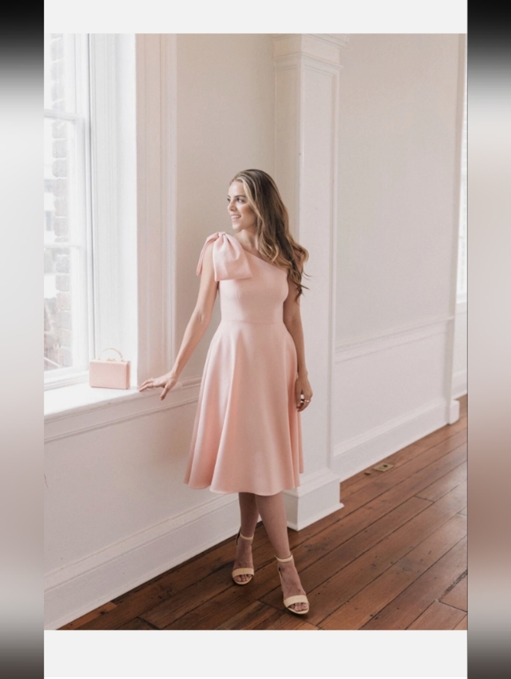 Gal Meets Glam One-Shoulder Midi Dress in Soft Pink with Bow